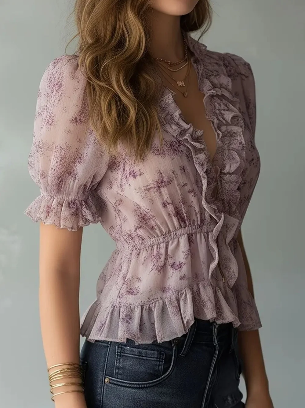 Sheer Floral Lavender Peplum Blouse with Zip Front